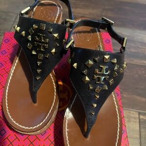 Tory Burch Black Sandals with Gold Accents